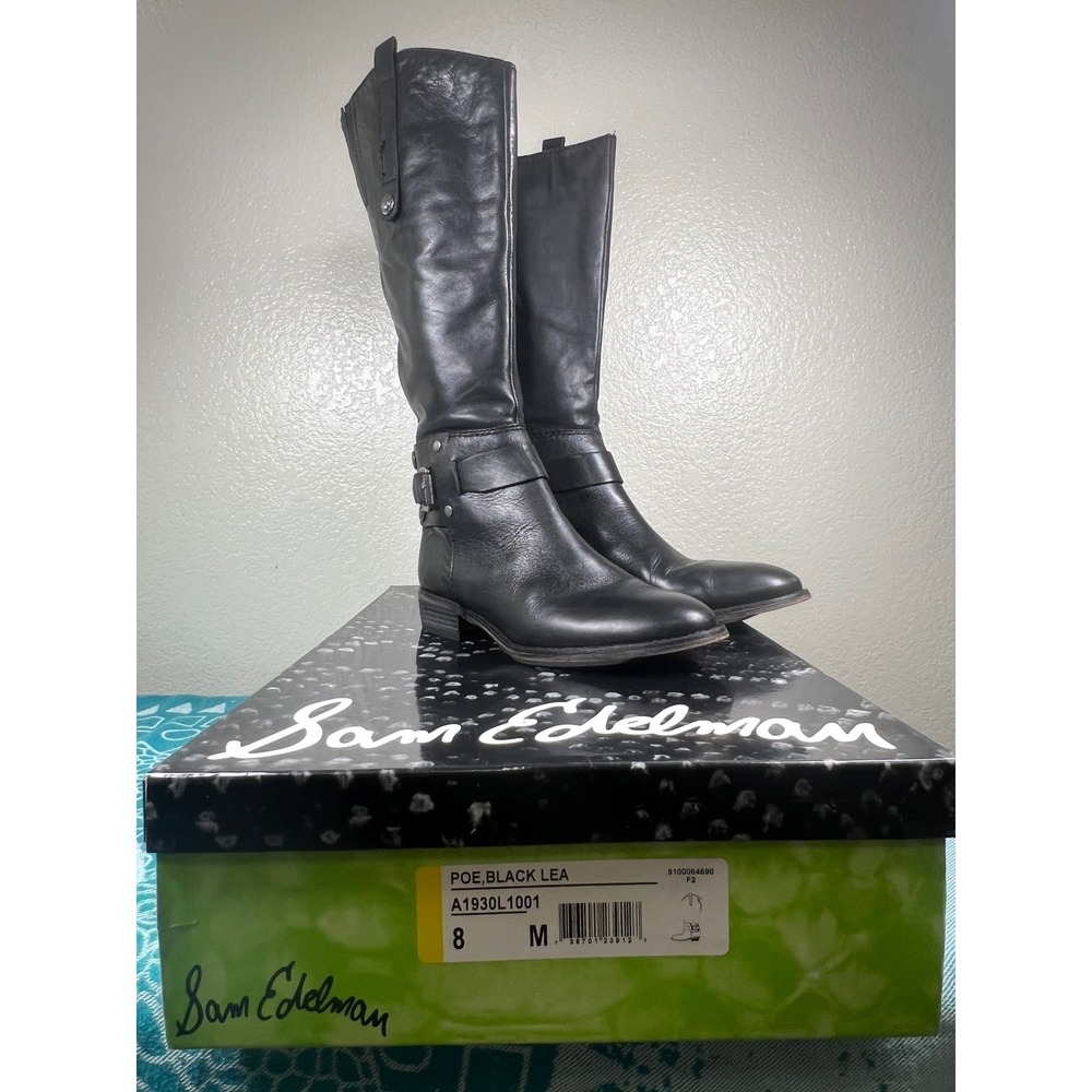 Sam Edelman Black Leather Riding Boots Women's Size 8‎ M Knee High Buckle Moto